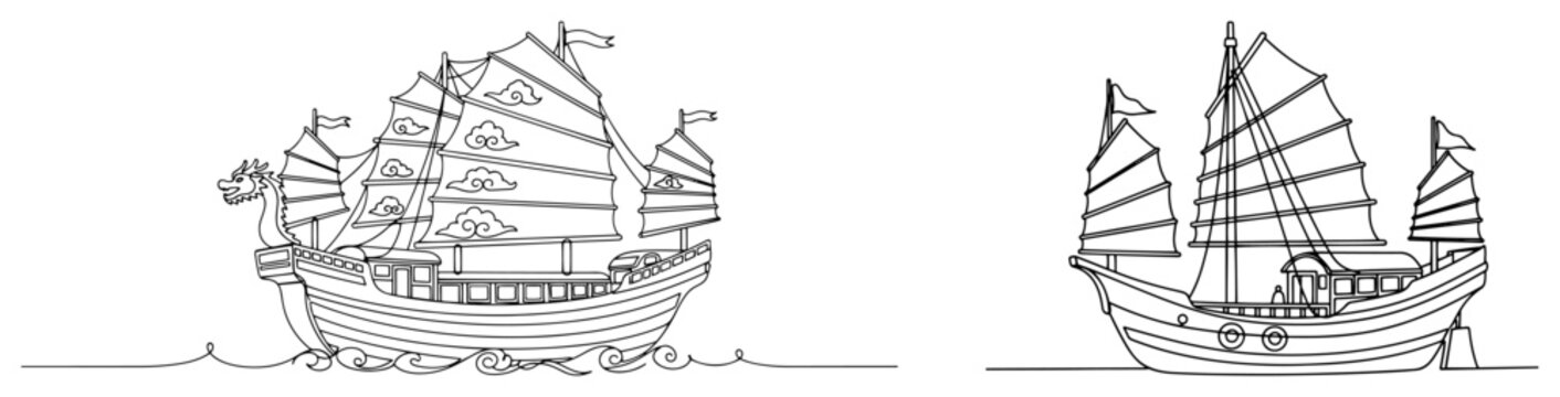 Continuous line art illustration of traditional Asian junk boats in minimalist style
