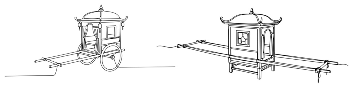 Traditional Asian palanquin and sedan chair carrier in continuous line art style