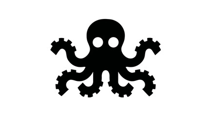 Obraz premium Black silhouette of a unique octopus with mechanical gear tentacles, symbolizing innovation, technology, and marine life on a clean white background.