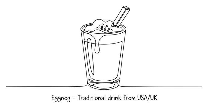 Minimalist continuous line art of a glass of traditional eggnog with foam and cinnamon sticks
