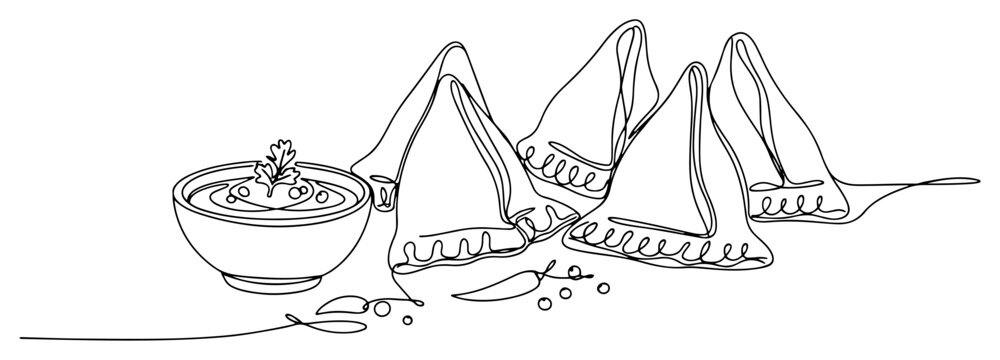 Minimalist continuous line drawing of traditional Indian samosas with a bowl of spicy dipping sauce