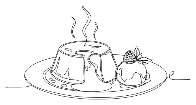 Minimalist continuous line illustration of chocolate lava cake with ice cream and berry