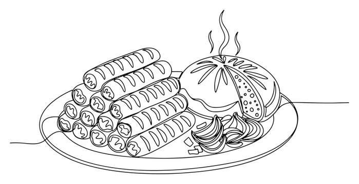 Continuous line drawing of a plate with sausages baked bun and sliced onions