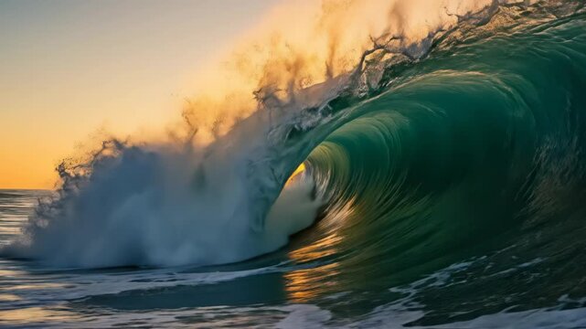 Dramatic sunset through a powerful curling ocean wave barrel