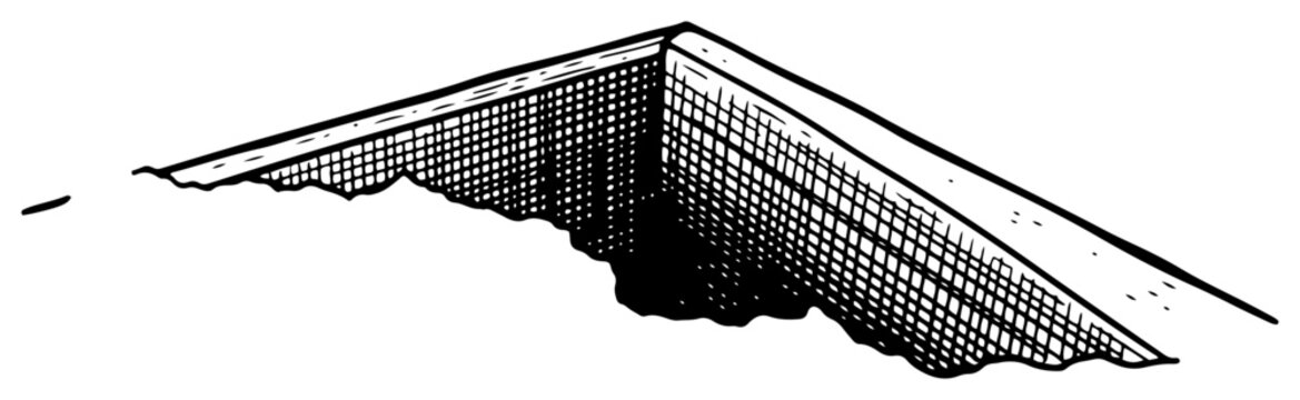 Architectural perspective drawing of a deep pit or excavation site with heavy shadows