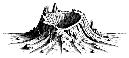 Hand drawn engraving of a volcanic crater or hollowed rocky mountain peak © Cristiano