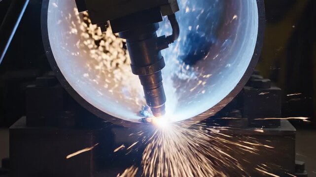 A close-up of a welding process on a spherical metal object. Sparks fly as the welding torch applies heat, showcasing industrial work in LNG transport and pipeline construction.