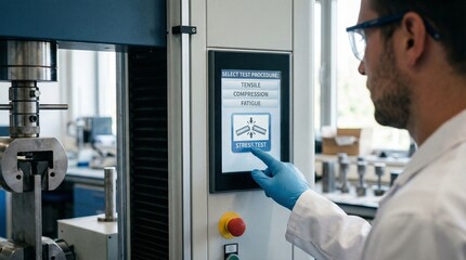 Fototapeta premium A Caucasian man in a lab coat operating a machine for a stress test in a laboratory setting.