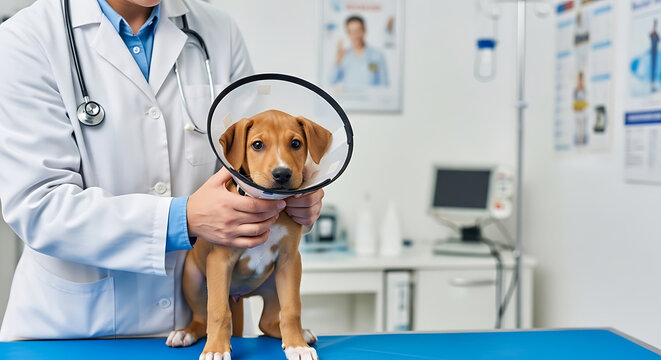 Veterinarian Provides Gentle Care to a Cute Puppy Wearing a Protective Recovery Collar