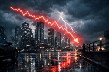 Obraz premium Dramatic city skyline with glowing red stock market graph overlay during stormy night reflecting on wet pavement