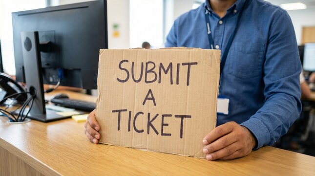 A man holding a cardboard sign that says submit a ticket at a customer service desk