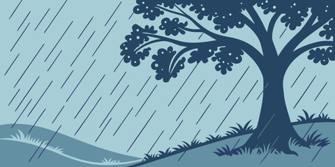 A tree stands alone in the rain on a hill Vector © RABBY