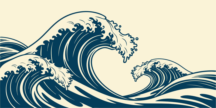 A large wave crashes on the shore in a vintage style Vector