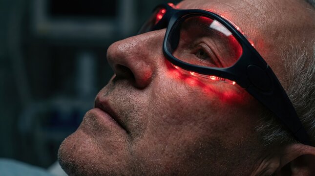 Senior man wearing PBM goggles for red light therapy