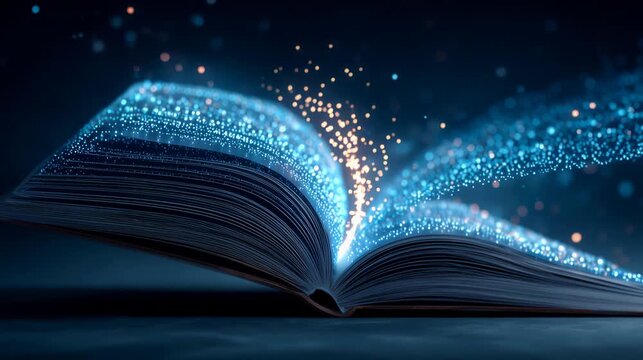Open book with glowing blue particles emanating from pages, creating a magical effect in a dark environment, illustrating the flow of knowledge and imagination