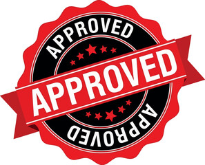 Obraz premium Approved Badge Vector Icon – Red Ribbon on Black Seal with Stars