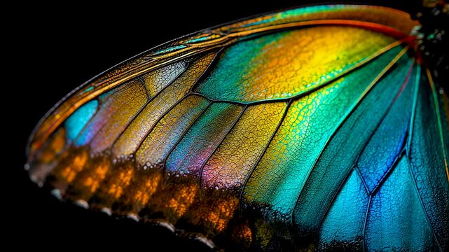 Iridescent Butterfly Wing Macro Detail with Vibrant Blue Green and Orange Scales on Dark Background