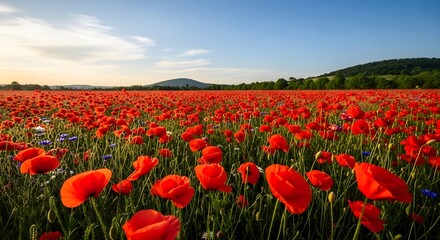 Fototapeta premium Vast field of vibrant red poppies under a clear sky and distant mountains