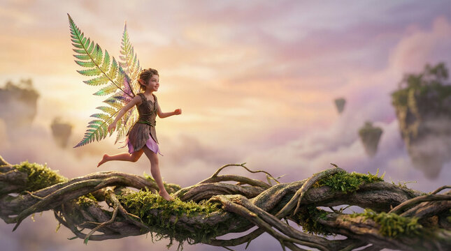 Tiny fairy running on a floating Celtic knot bridge among clouds  
