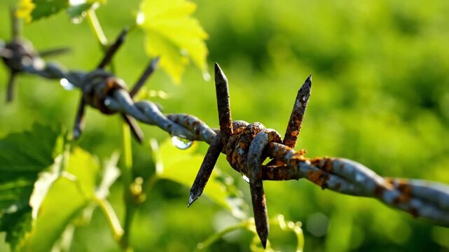 Rusty barbed wire fence close-up with water drops and green leaves