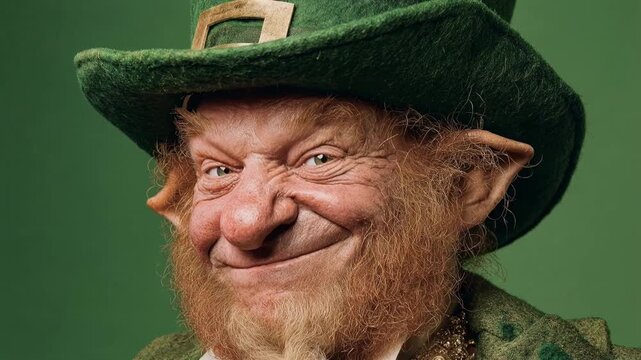 Close portrait of charismatic leprechaun character in green hat with mischievous smile set against solid backdrop evoking folklore tradition and festive fantasy mood