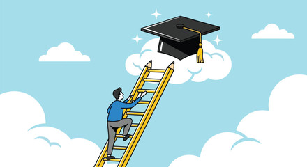 Man climbing ladder made of yellow pencils to graduation cap