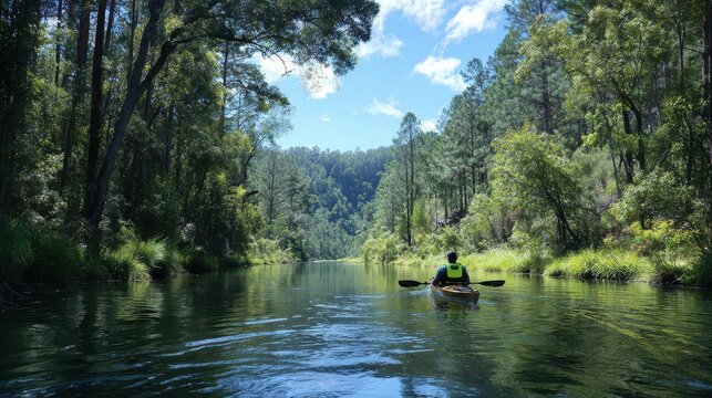Sunny river kayaking scene with a lone paddler on calm waters beneath a bright blue sky