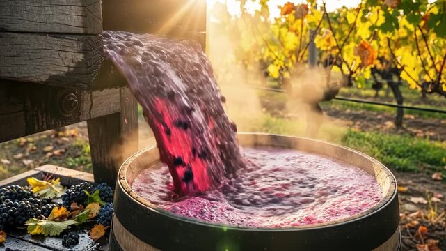 Grape juice pours into a wooden barrel from a traditional press in a sunlit vineyard.