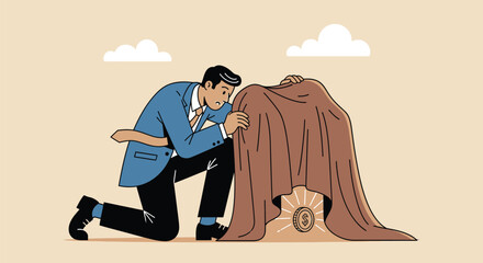 Businessman kneeling beside large gold coin under cloth