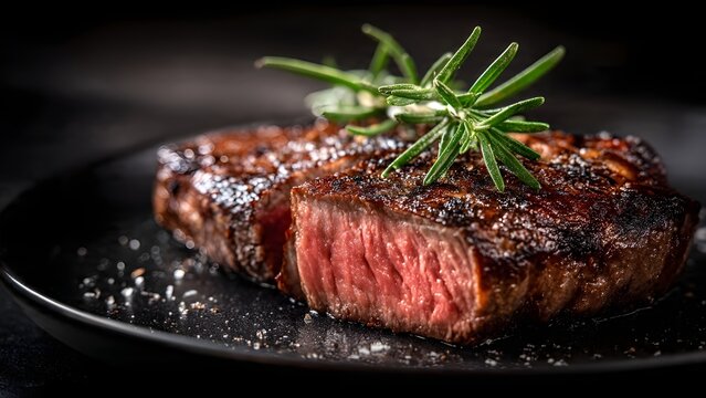 Perfectly grilled ribeye steak with fresh rosemary and sea salt on dark background. Juicy medium rare beef.