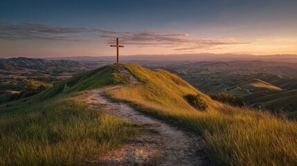 Naklejka premium Silhouette of a hilltop cross against a pastel sky, sacred reflection during Holy Week