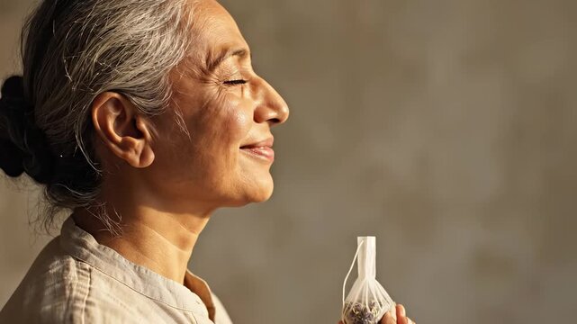 Senior Indian woman smelling a small sachet of herbs with closed eyes in soft natural light for aromatherapy concept and peaceful well-being