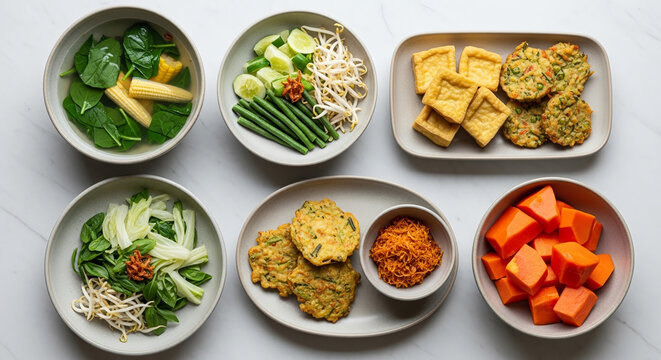 Aneka Sayuran Segar dan Lauk Tradisional Indonesia Flat Lay di Meja Putih.