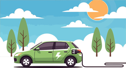 Electric car charging in green outdoor environment