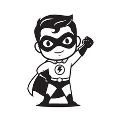 Fototapeta premium Smiling Cartoon Superhero Boy with Raised Fist and Lightning Emblem