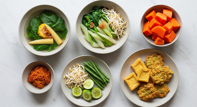 Aneka Sayuran Segar dan Lauk Tradisional Indonesia Flat Lay di Meja Putih.