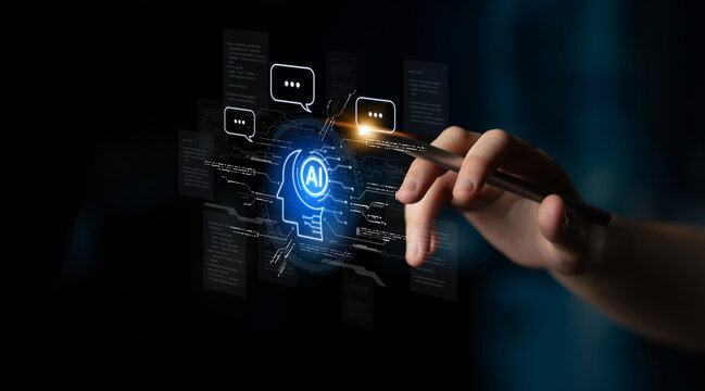 Artificial intelligence AI virtual assistant chatbot automates search and report with conversational chat support data for teams. LLM AI deep learning use generative AI for work support. NLP. Corpus