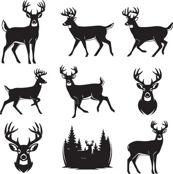 Deer silhouette set forest buck icons wildlife hunting vector designs.

