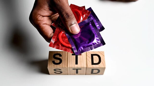 Person's hand holds condoms above STD wooden blocks