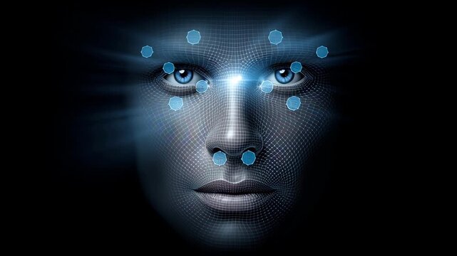 Futuristic human face emerging from darkness with glowing eyes and digital grid, symbolizing artificial intelligence identity consciousness and advanced technology