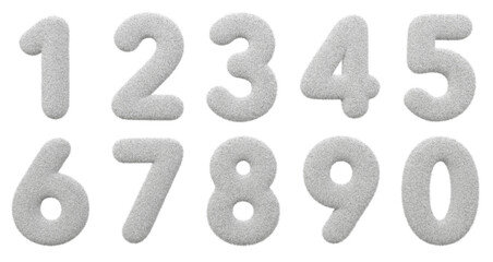Set of white fur numbers. Felt figures from zero to nine with hair texture. 3d illustration transparent background