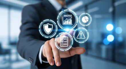 Focused Risk Management Icons with Blurred Business Background