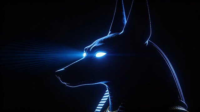 Minimalist side profile silhouette of Anubis jackal with glowing blue eyes and rhythmic light beams on dark background