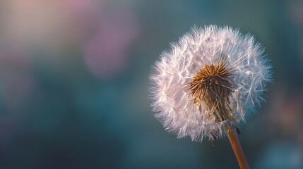Whispering Wishes: A delicate dandelion seed head, poised on a slender stem, stands out in soft focus against a blurred backdrop of verdant hues.