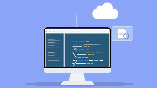 Animated computer monitor displaying programming code connected to cloud storage and file system interface, representing software development, cloud computing, and data management technology.
