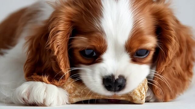 Cavalier King Charles Spaniel puppy chewing bone