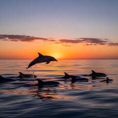 Fototapeta premium Dolphins leaping gracefully at sunset over the ocean waves