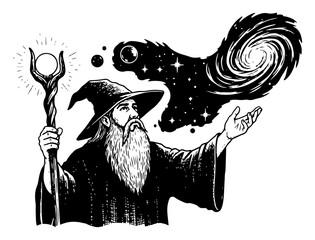 Black and white woodcut illustration of a powerful wizard conjuring a swirling galaxy and stars with his hand and magic staff © Amelia