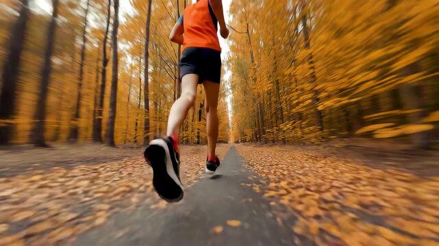 Athlete Running on Forest Trail Covered with Autumn Leaves in Golden Light with Dynamic Motion Blur Perspective