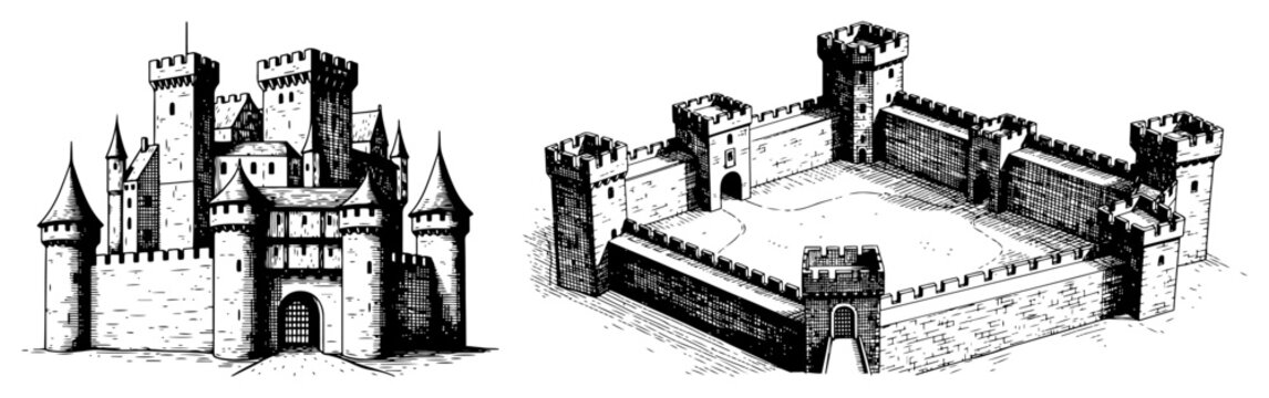 Medieval castle architecture and fortress courtyard in vintage woodcut style